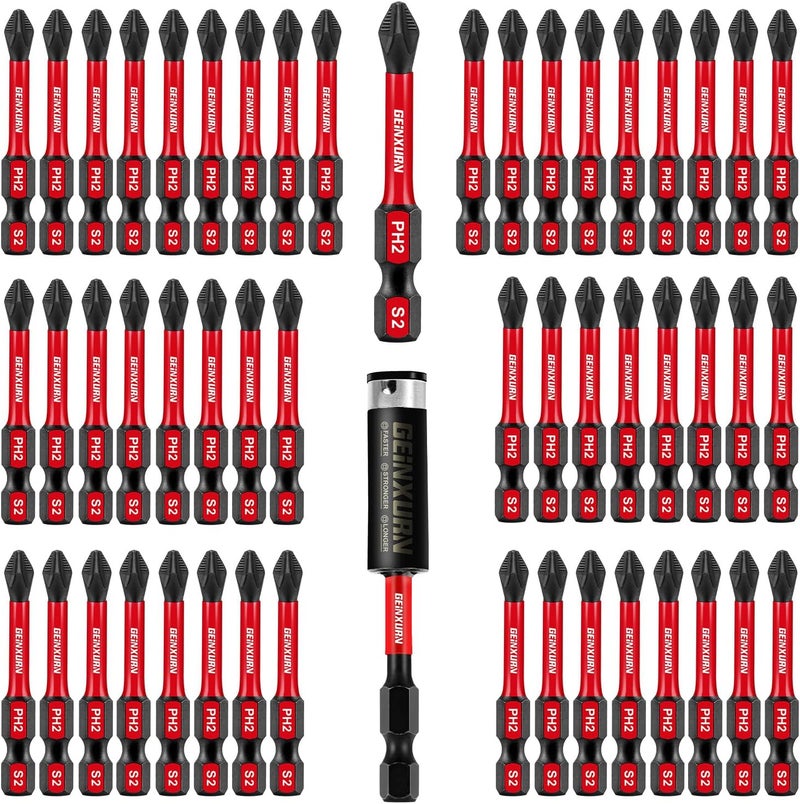 GEINXURN 51Pack PH2 2 Inches Impact Tough Anti-Slip Screwdriver Bits, #2 Phillips 1/4 Inch Hex Shank Magnetic Tips Cross Screwdriver Bits Set with 1Pcs Impact Bit Holder,Bulk - Image 1